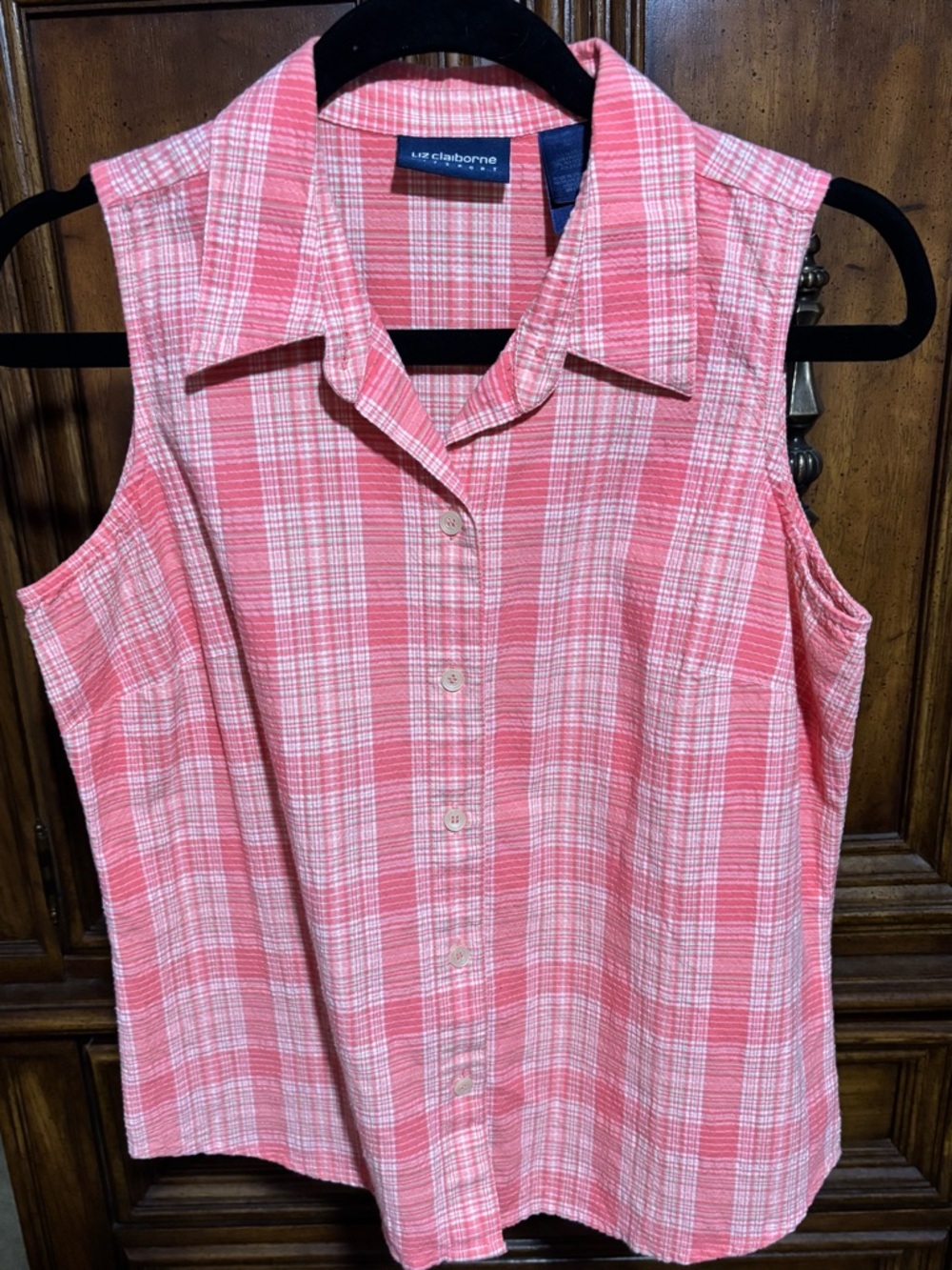 Liz Claiborne Pink Plaid Sleeveless Button-Down Top